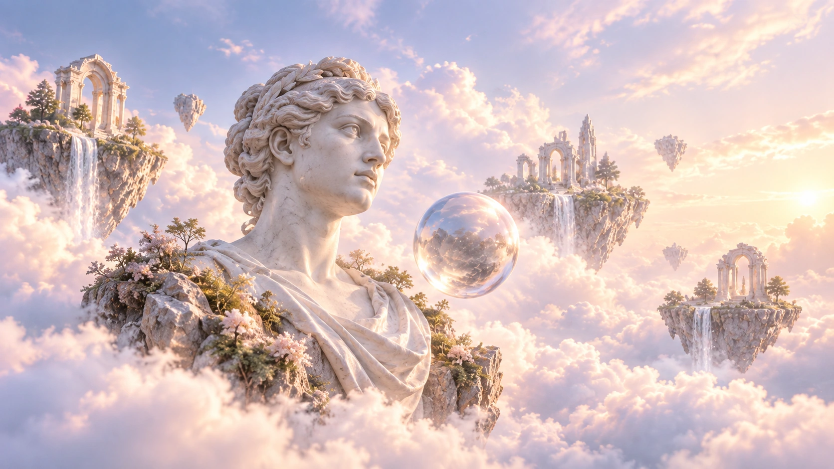Marble sculpture among floating islands